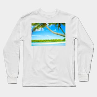 Tropical island lagoon with swinging palms trees Long Sleeve T-Shirt